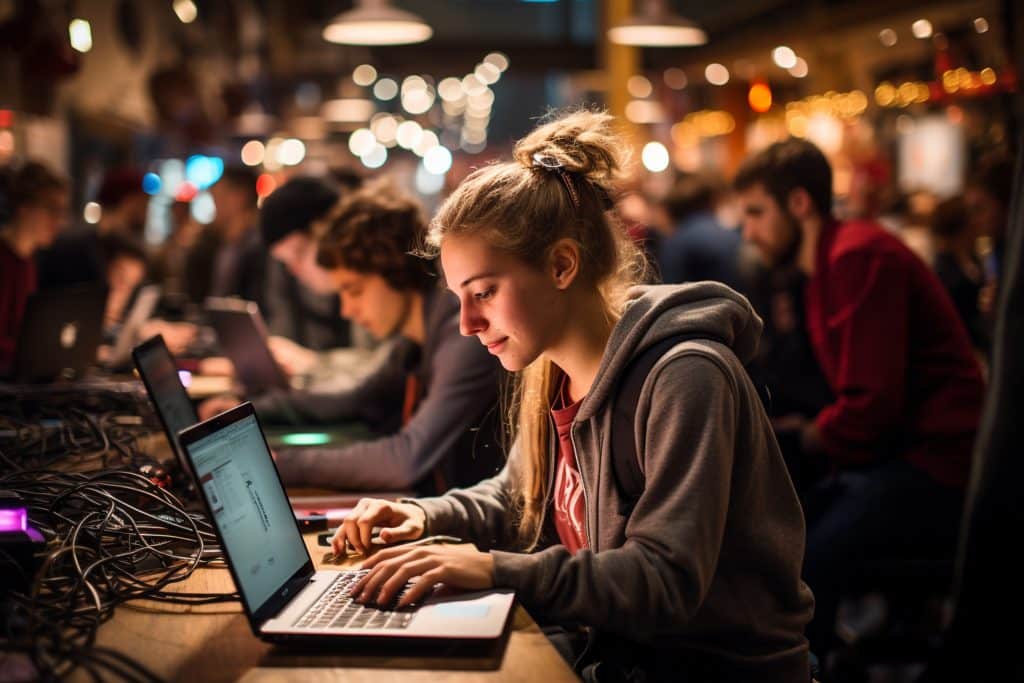 Ruimte vol mensen aan het werk op hun laptops